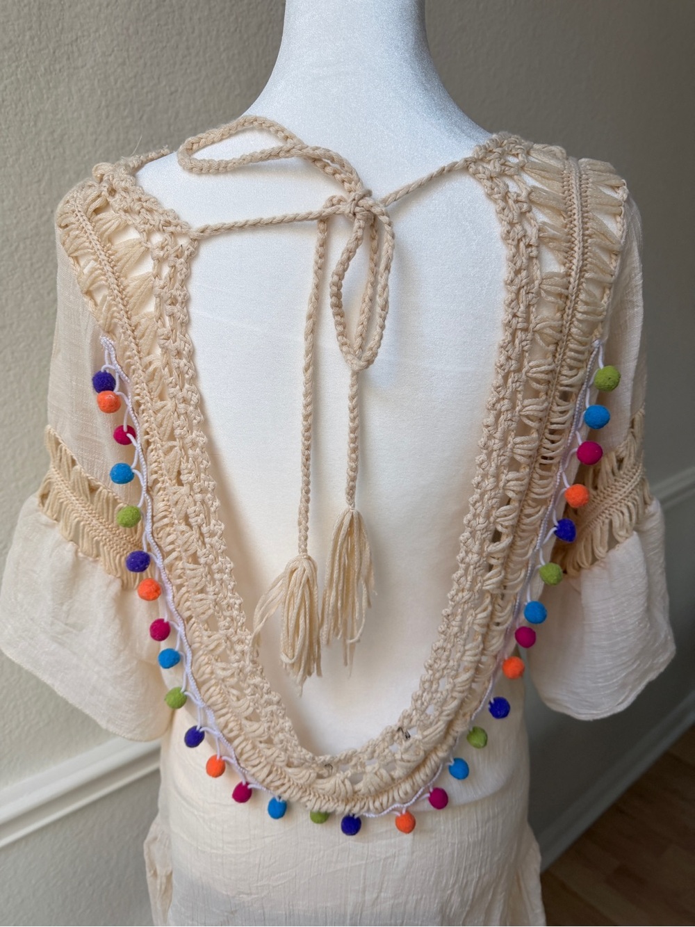 Boho Crochet Open Back Mini Dress Pom Pom Festival Cover‎ Up Tassel Coastal M